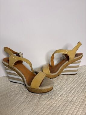 Browns Yellow patten leather Wedge Sandals with Striped Platform